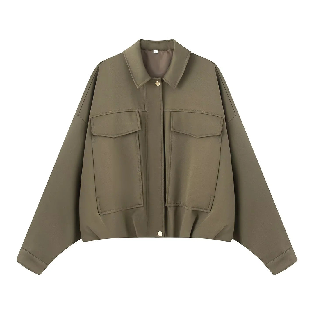 Women nan cropped overshirt jacket with extra long sleeve part, large flap pockets and hidden button placket Mune Fashion