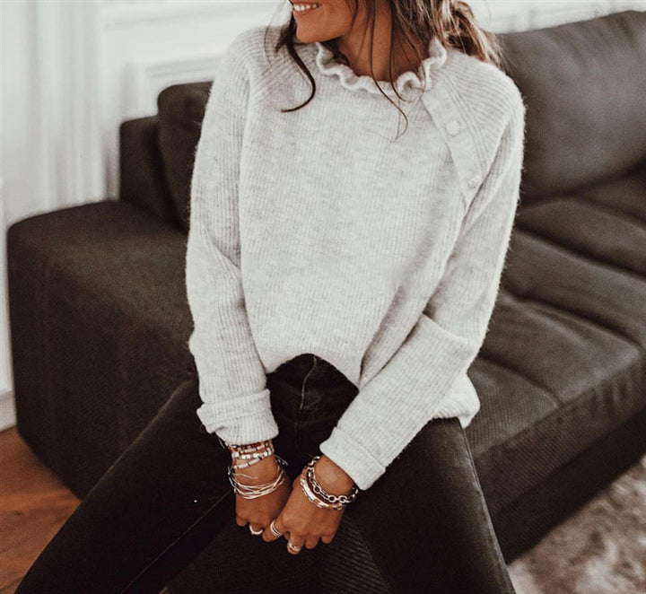 Women's ribbed sweater with ruffle collar and side button placket Drune