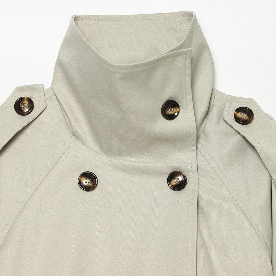 Women nan short fitted trench coat with double-breasted button placket, high stand-up collar, and removable shoulder flaps Mune Fashion