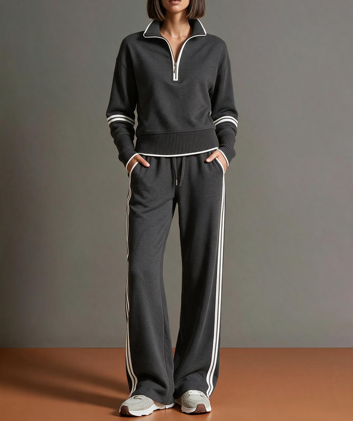 Women's Comfortable Knit Jogging Set with Stand-Up Collar, Half Zipper and Contrast Stripes Mune Fashion