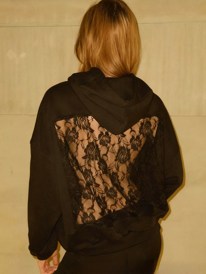 Ladies' oversized hooded sweater with floral lace insert on the back Mune Fashion