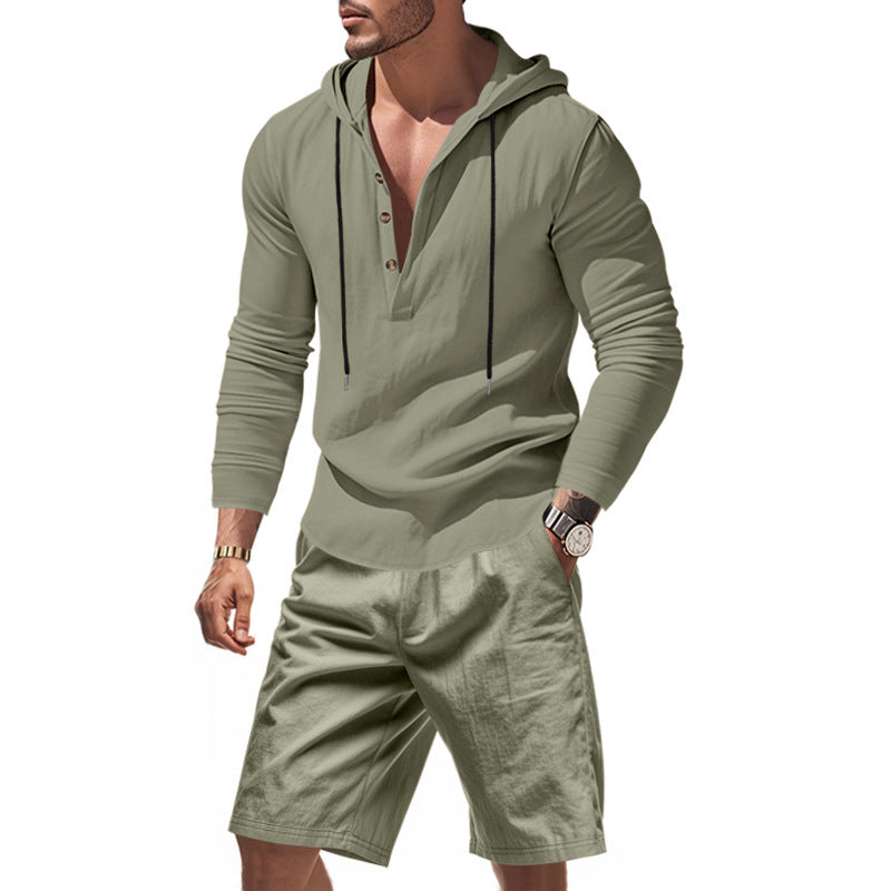 Men's Hoodie Henley Loungewear Set with Linen Look, Drawstring and Elastic Tunnel Shorts Mune Fashion