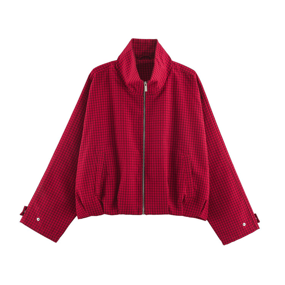 Women's short-cut boxy blouson with stand-up collar, check pattern and zipper Mune Fashion