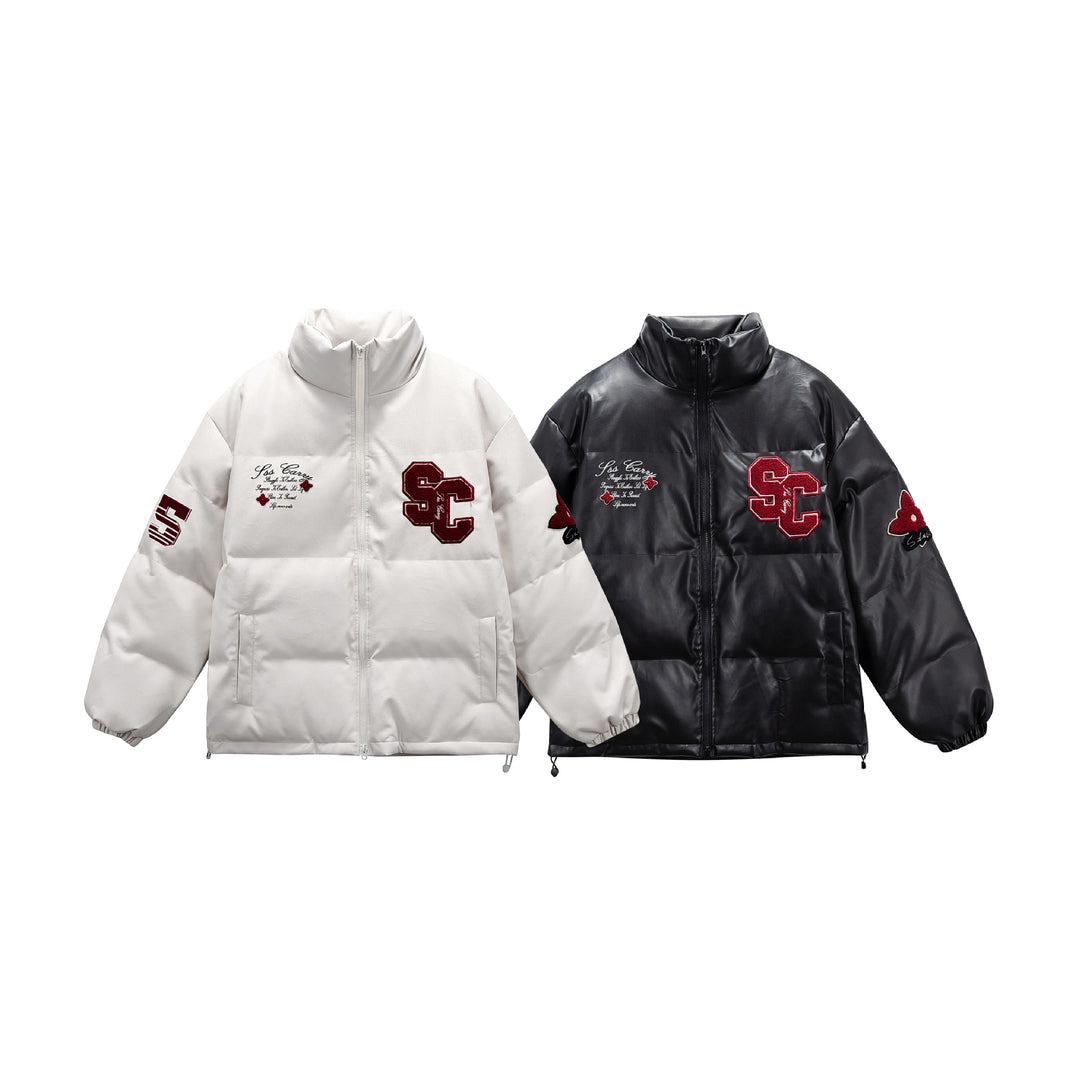 Unisex Short padded college puffer jacket with high stand-up collar, appliqués and drawstring hem Mune Fashion