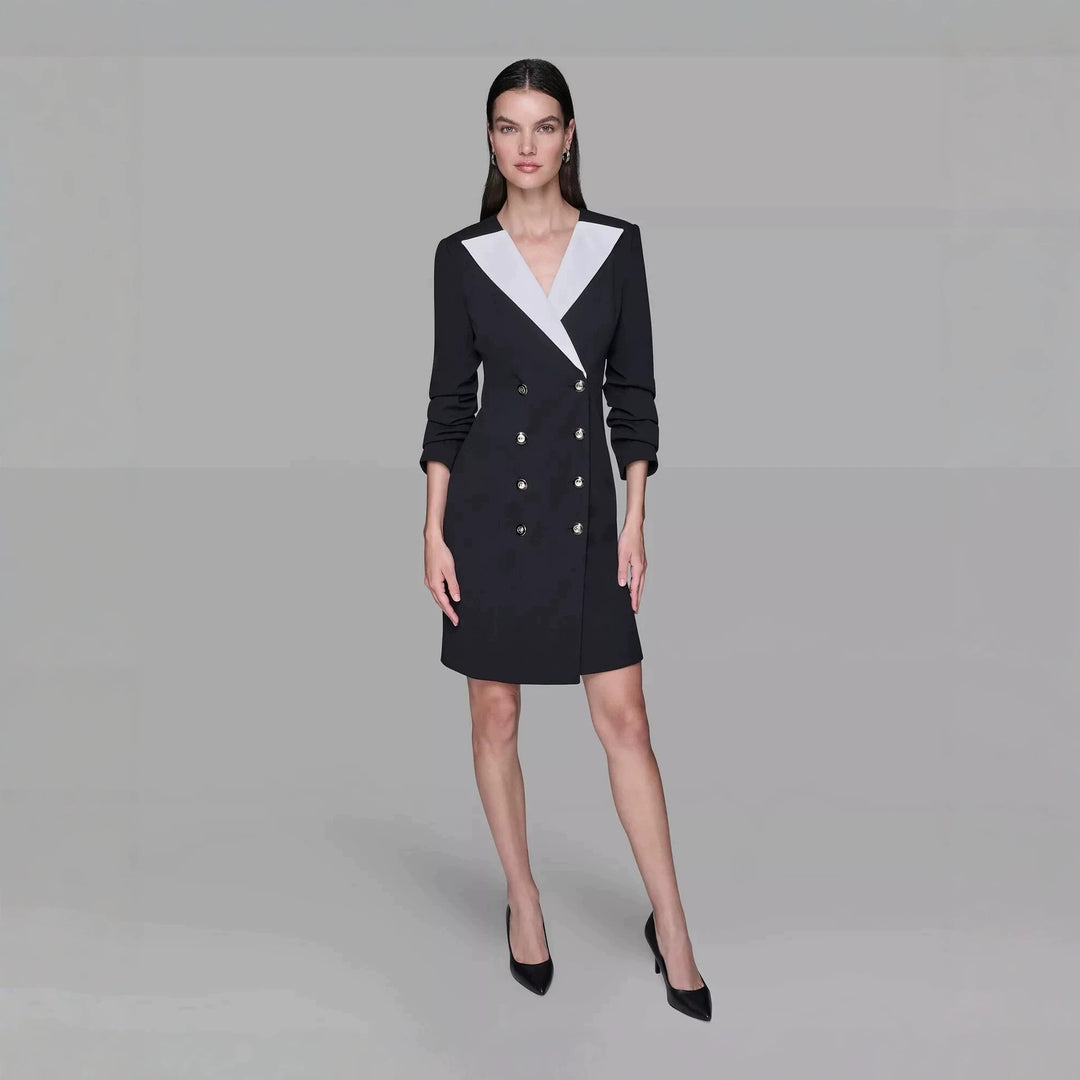 Ladies Double-Breasted Blazer Dress with Contrasting Shawl Collar Mune Fashion