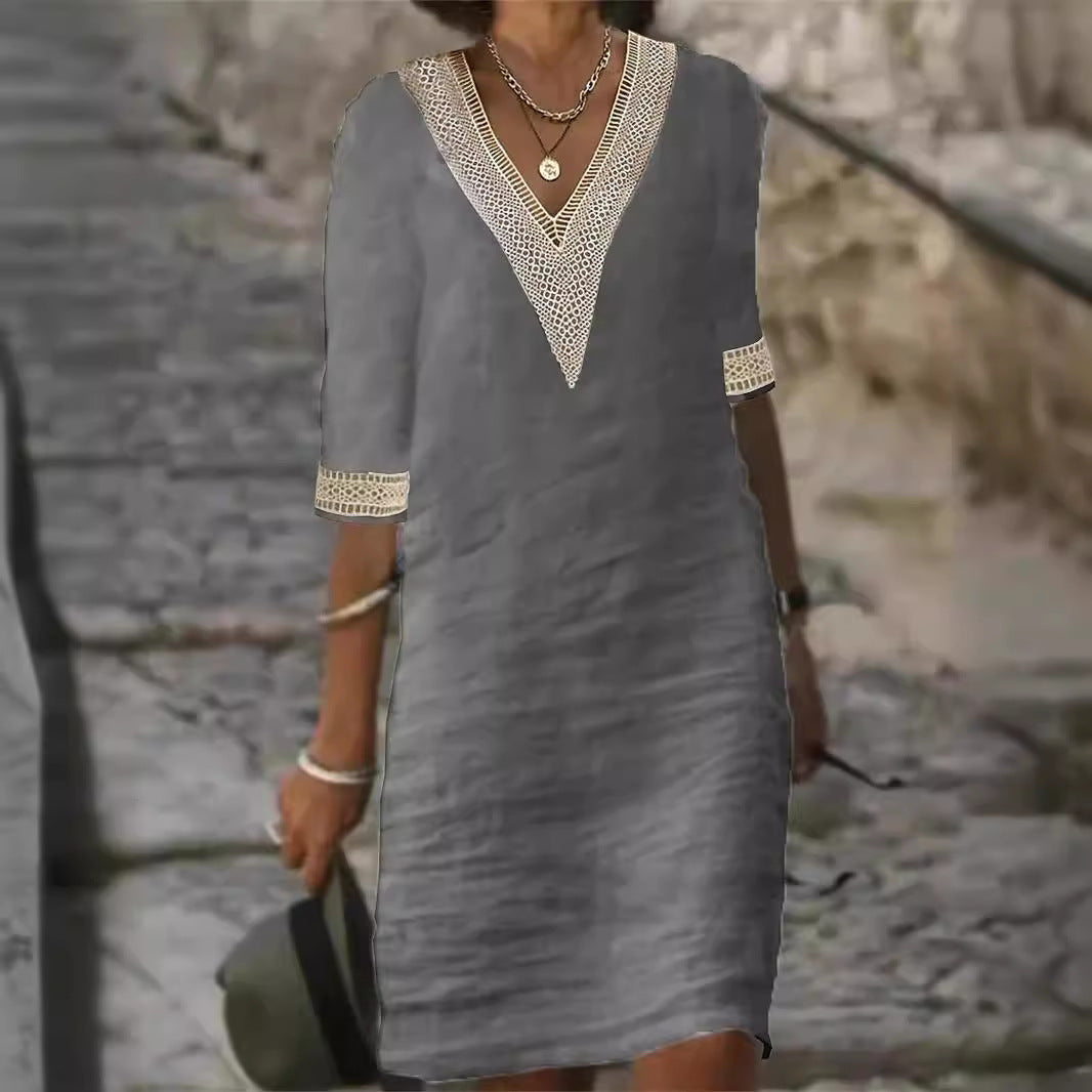 Ladies Linen Look Midi Dress with Crocheted V-Neck and 3/4 Sleeves Mune Fashion