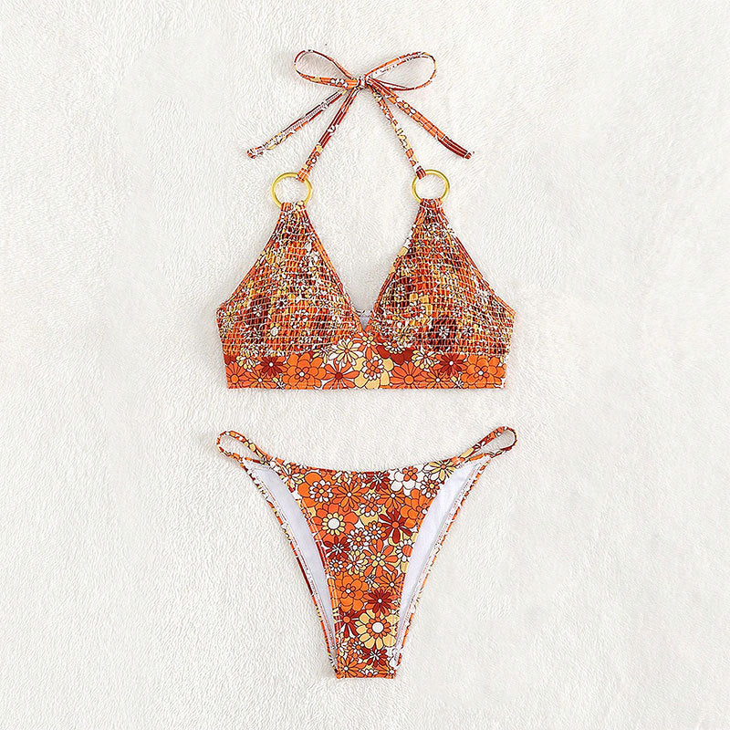 Ladies Triangle Bikini with Rings and Floral Design Mune Fashion