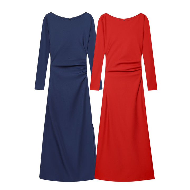Women's fitted midi dress with bateau neckline, long sleeves, and side gathering Mune Fashion