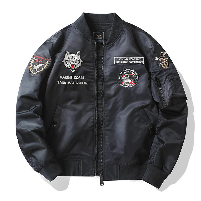 Men's pilot bomber jacket in flight style with embroidered tank motif and sleeve pocket Mune Fashion