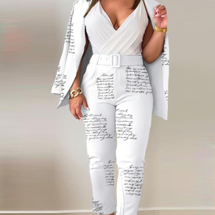 Women's tailoring set with animal print lapel, tailored belt blazer and high-waist slim pants Mune Fashion