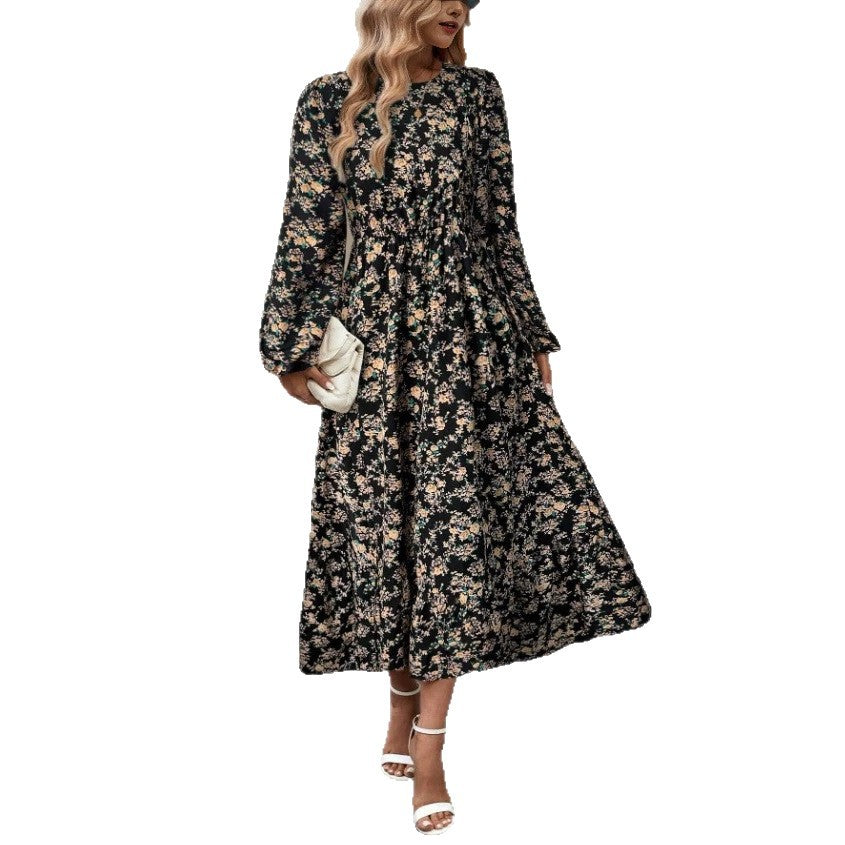 Women's Floral Midi Dress with Elastic Waistband, Long Balloon Sleeves and Ruffle Tier