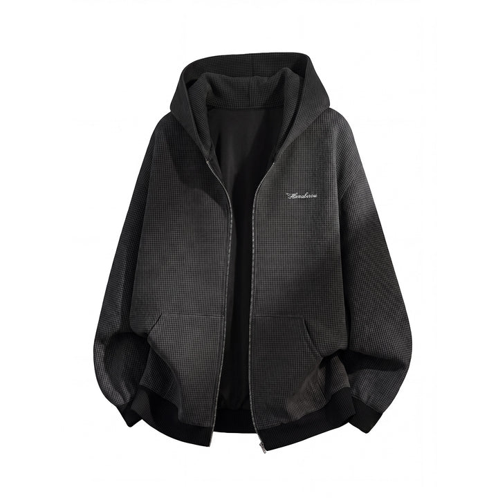 Unisex Oversize Hoodie Zipper Jacket with Houndstooth Pattern and Ribbed Cuffs Mune Fashion