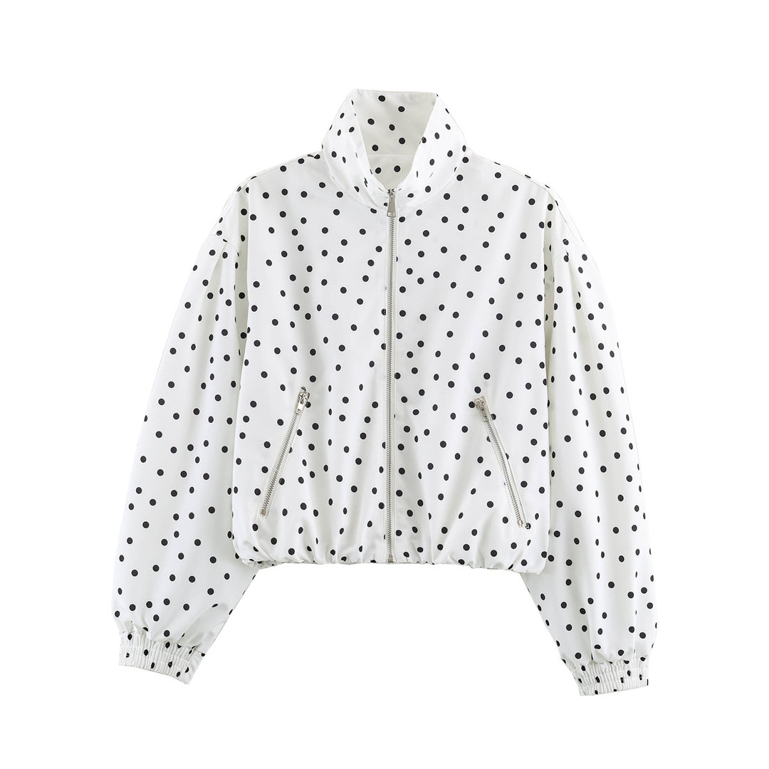 Women short cut dotted bomber jacket with stand collar, zip pockets and elastic hem Mune Fashion