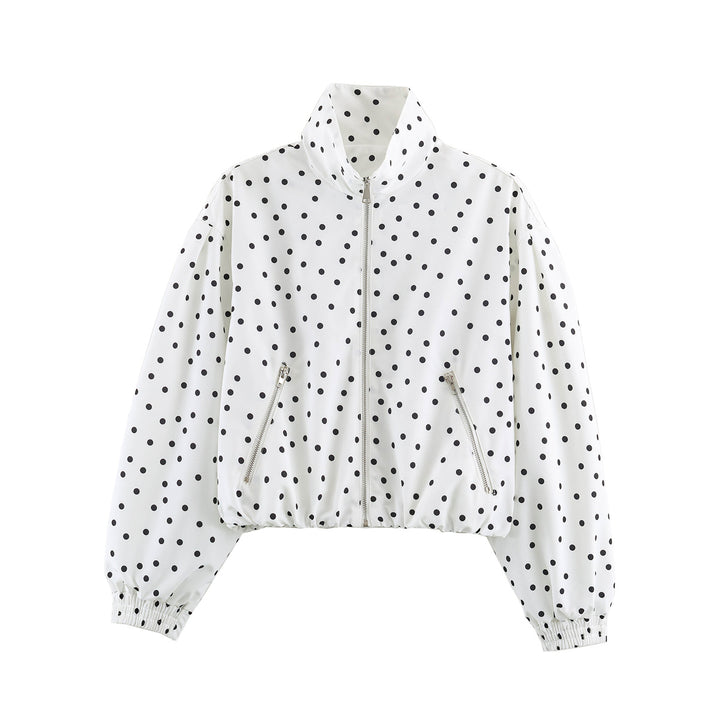 Women short cut dotted bomber jacket with stand collar, zip pockets and elastic hem Mune Fashion