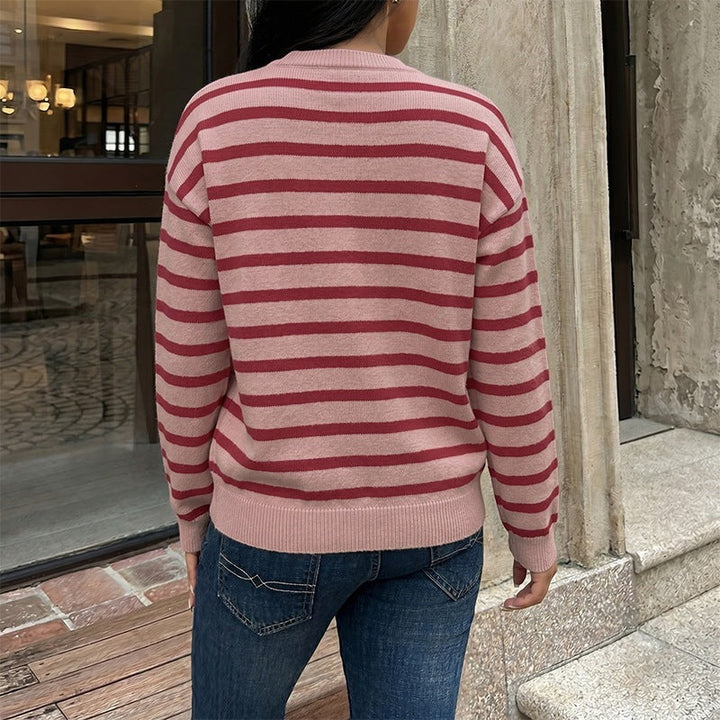 Women's Striped Fine Knit Button Cardigan with Round Neckline and Tailored Waist