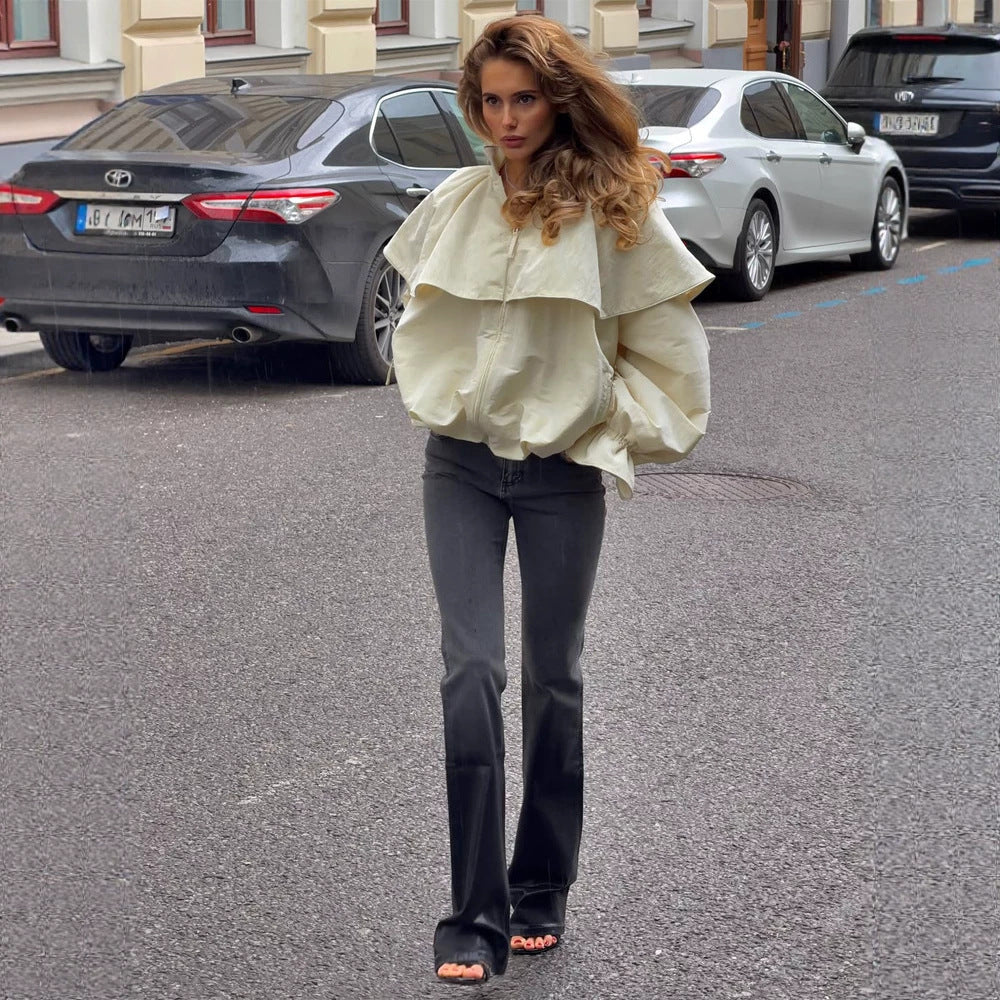 Women's Oversized Jacket with Cape Collar, Balloon Sleeves and Drawstring Mune Fashion