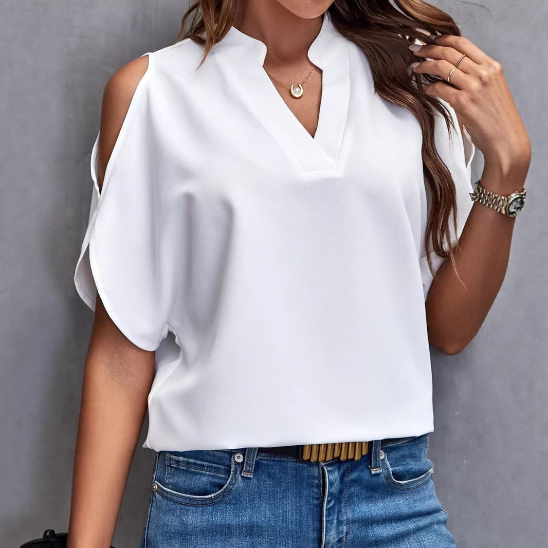 Women Off-Shoulder Chiffon Blouse with V-Neck and Stand-Up Collar Mune Fashion