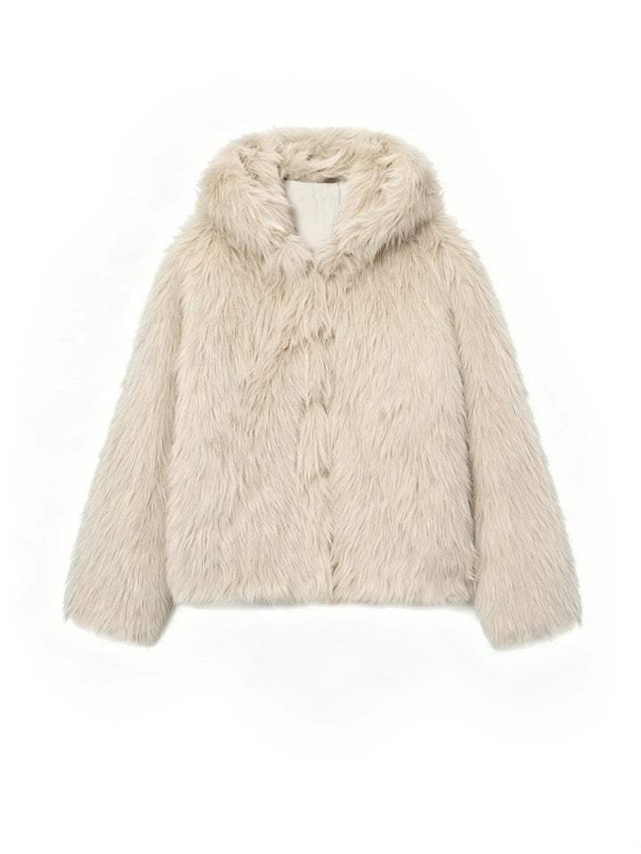 Women's Cropped Faux Fur Jacket with Hood, Dense Long Pile and Boxy Silhouette Mune Fashion