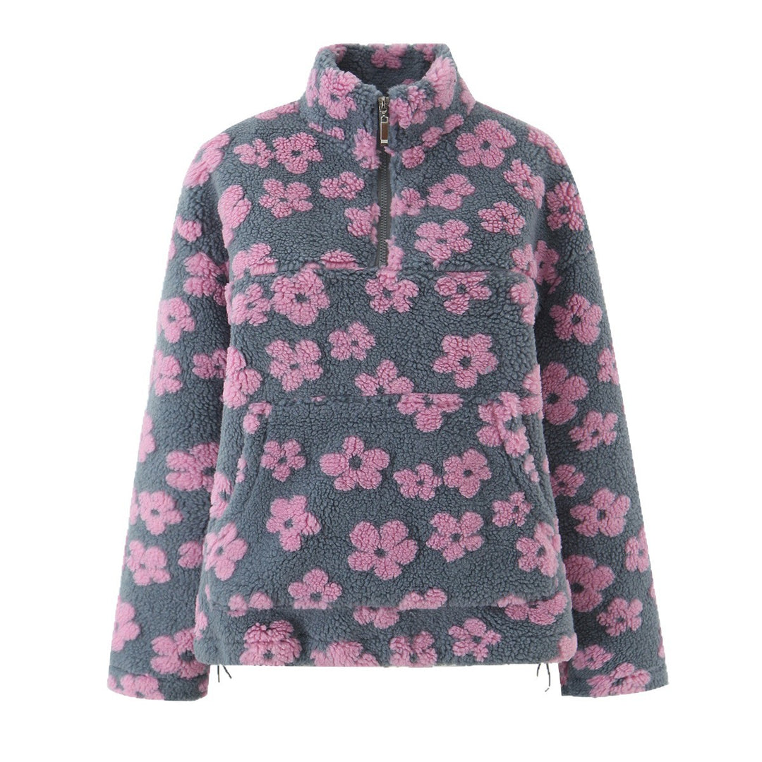 Ladies Teddy Fleece Hooded Jacket with Stand-up Collar, Floral Relief and Half Zip Mune Fashion