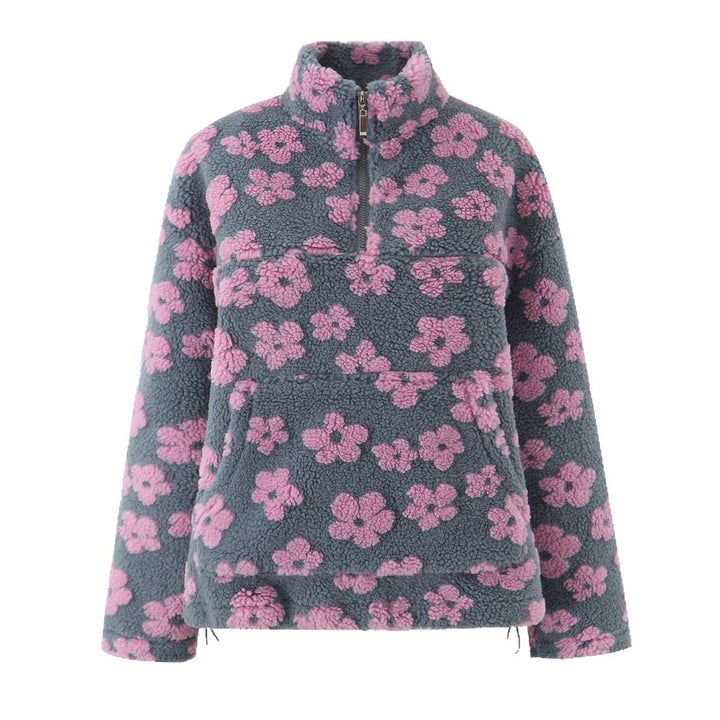 Ladies Teddy Fleece Hooded Jacket with Stand-up Collar, Floral Relief and Half Zip Mune Fashion