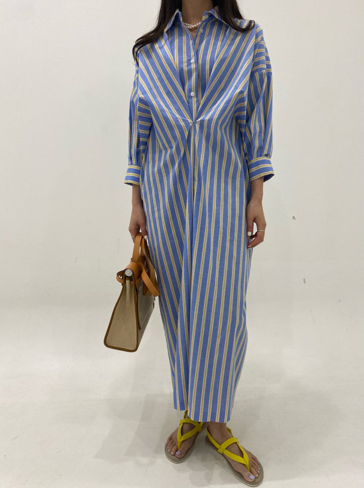Women Striped Shirt Dress Maxi with Concealed Button Placket and Side Pockets Mune Fashion