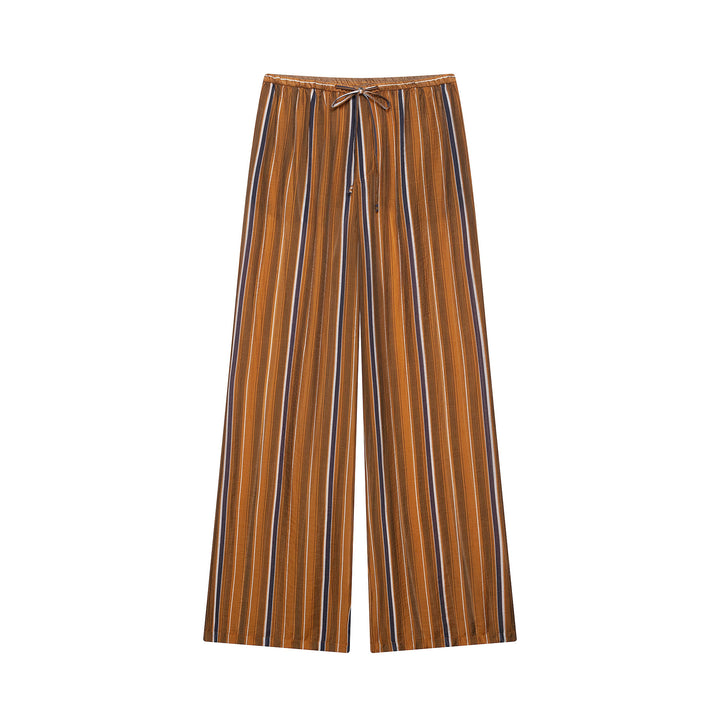 Ladies Wide Palazzo Pants with Drawstring Waist and Vertical Stripe Jacquard Mune Fashion