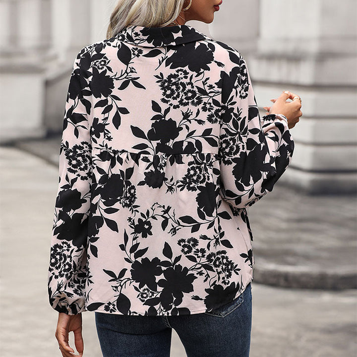Women's Flowing Viscose Blouse with Floral Print, Ties Collar and Gathered Yoke