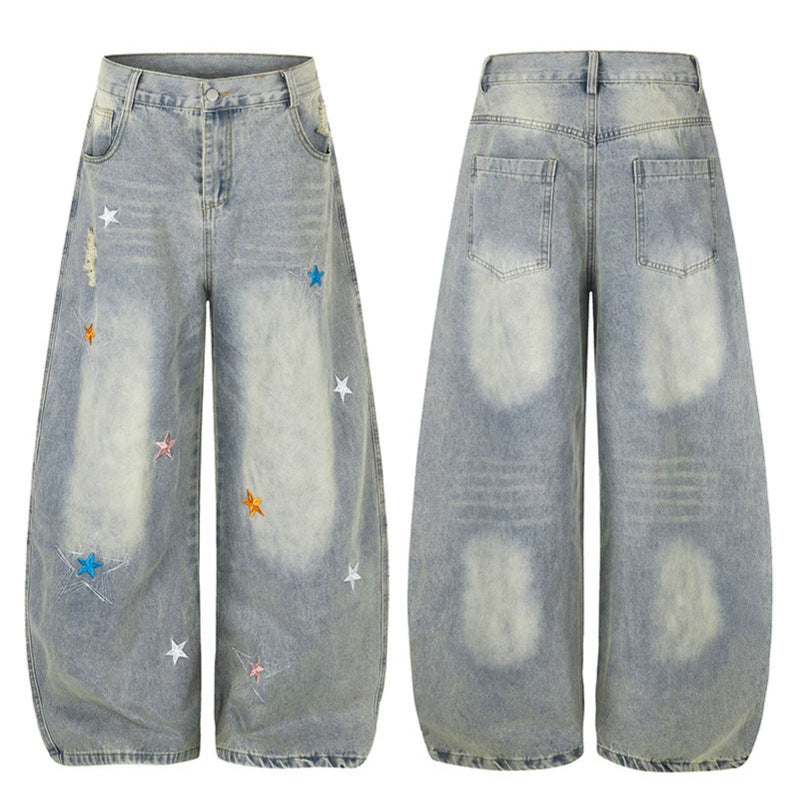 Women's Loose High-Waist Palazzo Jeans with Star Embroidery and Used Effect