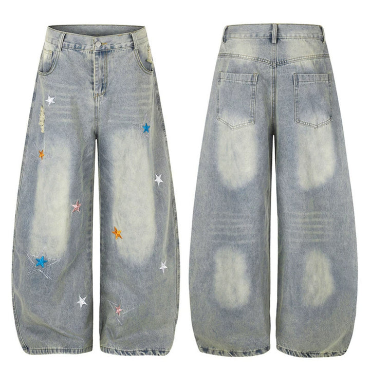 Women's Loose High-Waist Palazzo Jeans with Star Embroidery and Used Effect