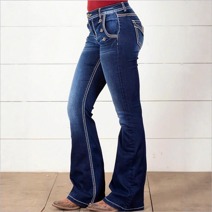 Women's High-Waisted Flared Jeans with Decorative Metal Buttons and Contrast Stitching Mune Fashion