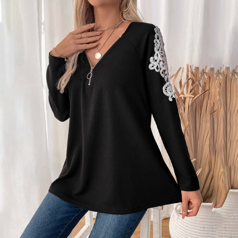 Women's Casual Long Sleeve Tunic Shirt with V-Zipper and Lace Application Mune Fashion