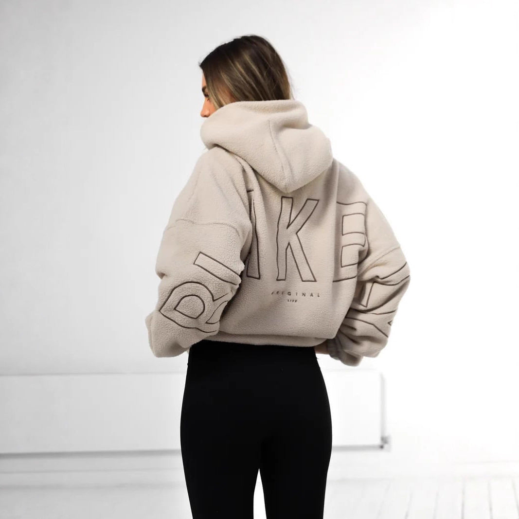 Women Oversize Teddy-Fleece-Hoodie with Logo Embroidery Mune Fashion