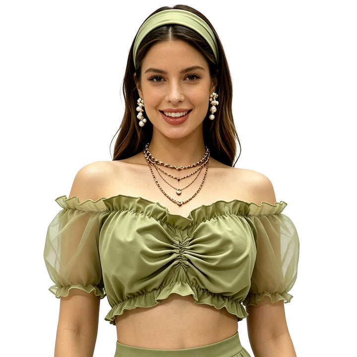 Women's ruched Crop Top with off-the-shoulder neckline and transparent organza sleeves Mune Fashion