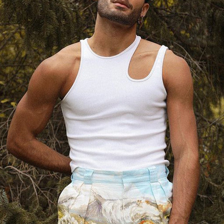Men's body-hugging tank top with one-sided shoulder cut-out and fine ribbed texture Mune Fashion