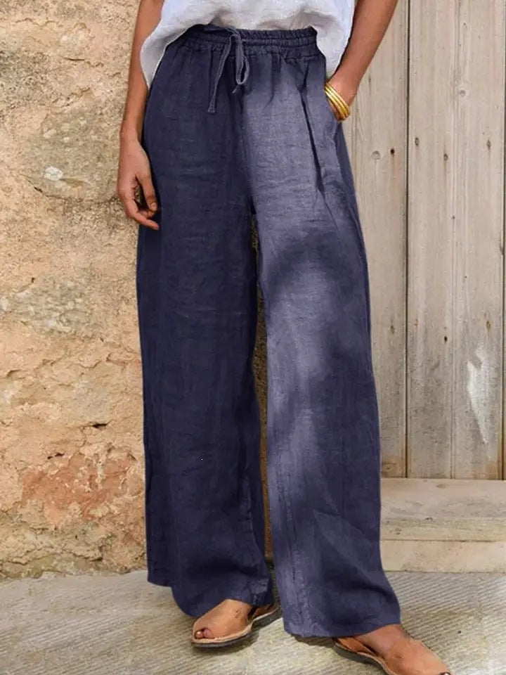Women's High-Cut Linen Palazzo Pants with Drawstring and Wide Leg Mune Fashion