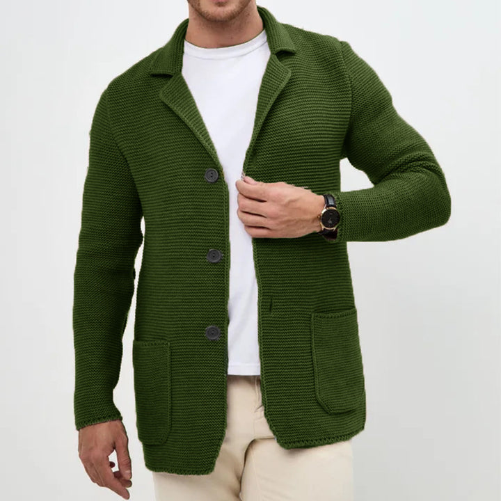 Men's chunky knit cardigan with shawl collar and patch pockets Mune Fashion