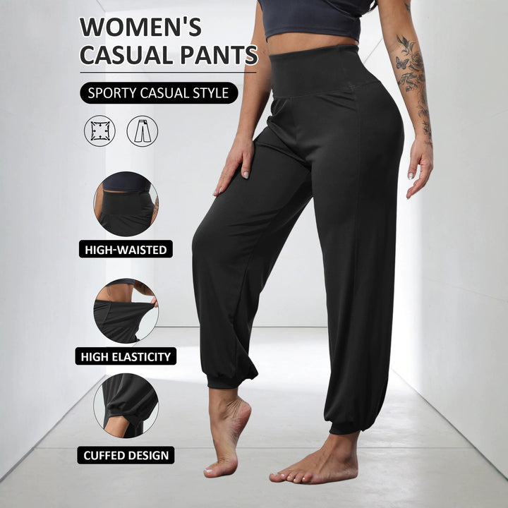Women's Soft High-Waist Relaxed Pants with Wide Leg, Elastic Comfort Waistband and Gathered Ankle Cuffs Mune Fashion