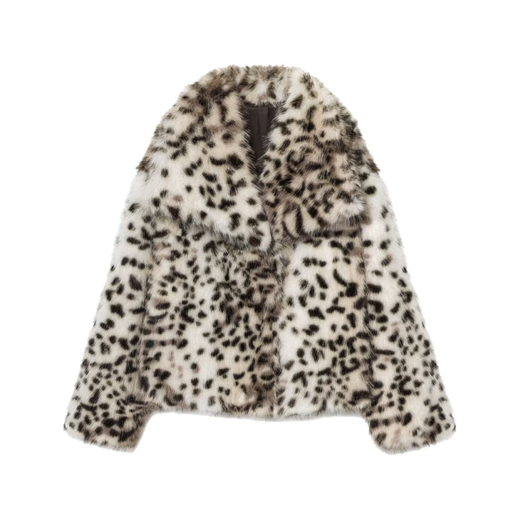 Ladies short jacket made of faux fur with leopard print and voluminous shawl collar Mune Fashion