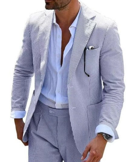 Men's summer seersucker suit with unlined jacket, slim fit, and pleated trousers Mune Fashion
