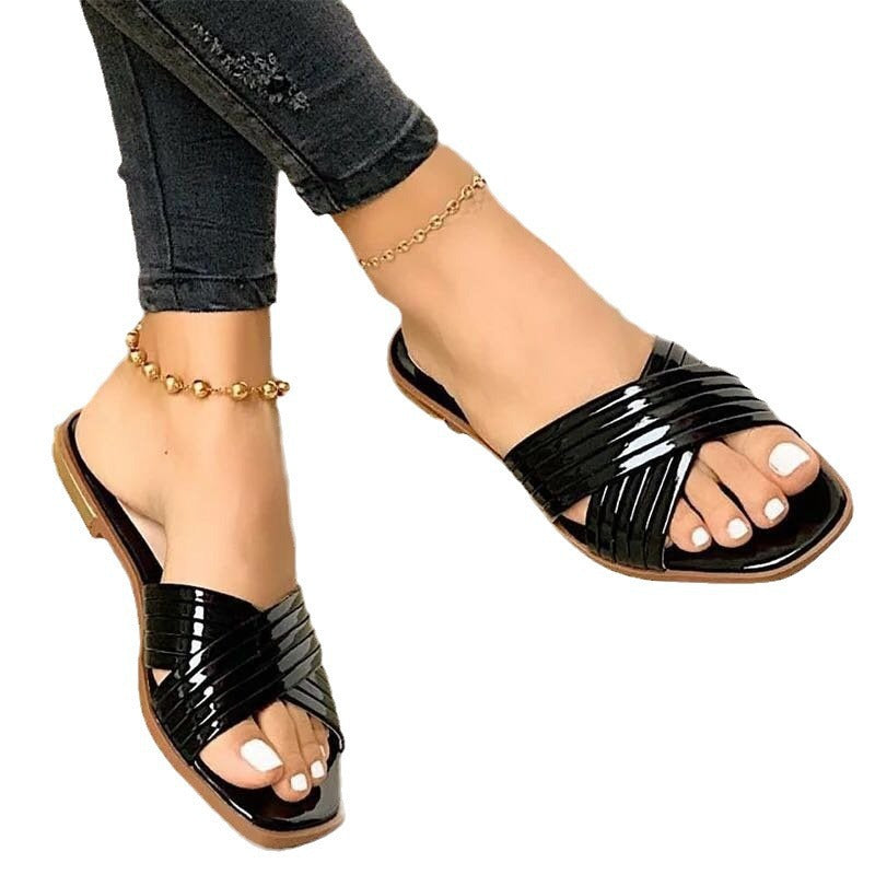 Women's Braided Metallic Slippers with Crossed Straps and Flat Comfort Sole Mune Fashion
