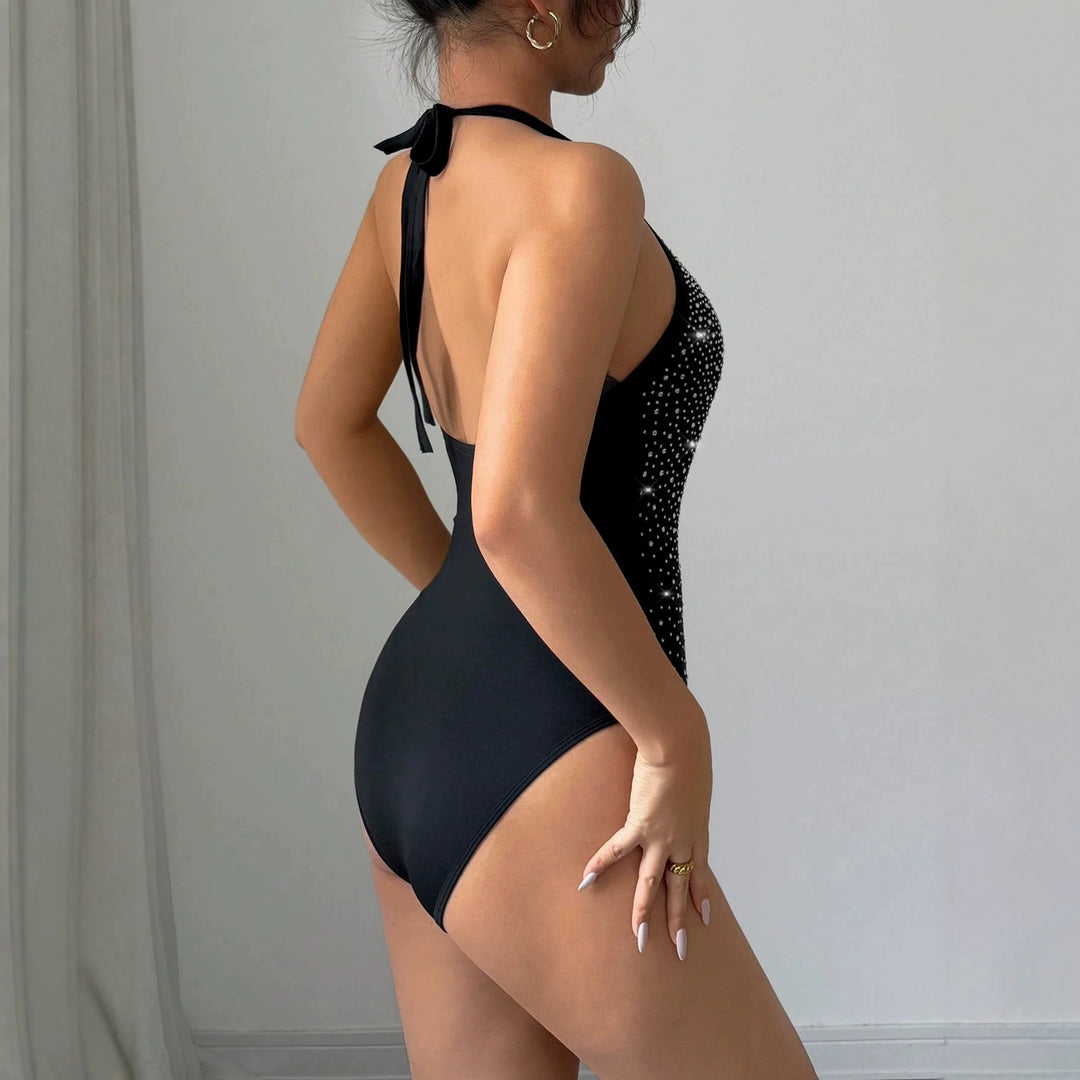 Women's halter bodysuit with high collar and sparkling rhinestone gradient Mune Fashion