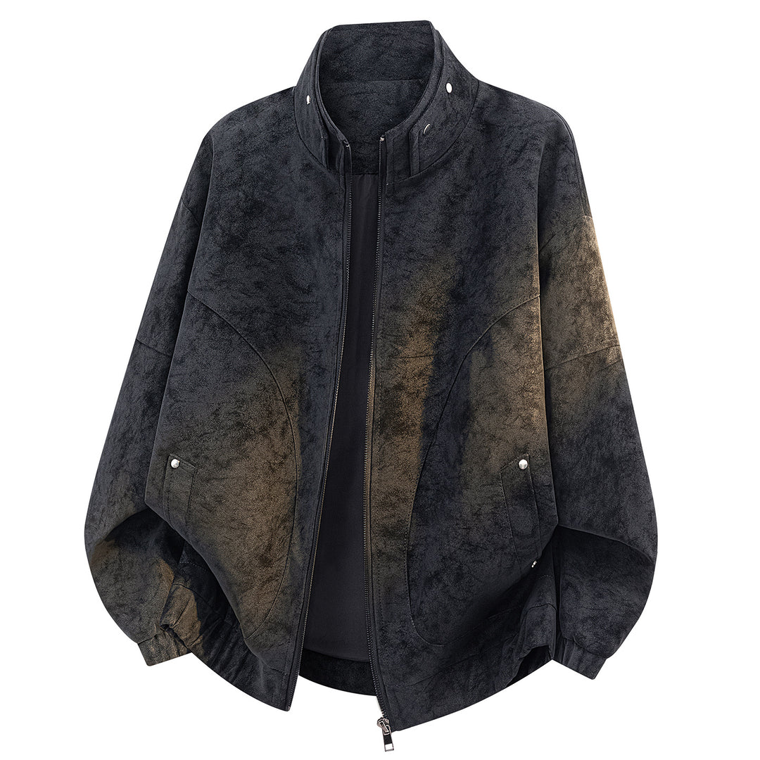 Men's Oversized Velvet-Optic Bomber Jacket with High Stand-Up Collar, Asymmetrical Chest Yoke & Elastic Hem Mune Fashion
