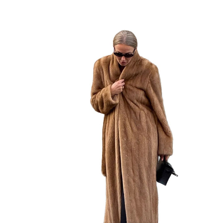 Women Luxurious Long Fur Coat with Shawl Collar and Flattering Oversize Cut Mune Fashion