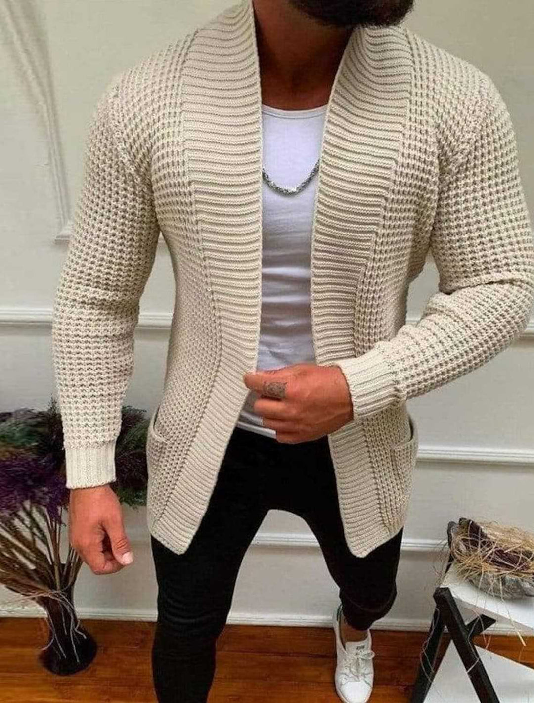Men's knitted cardigan with shawl collar and textured waffle pattern Mune Fashion
