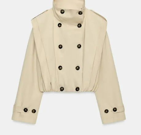 Women's Cropped Trench Coat with Double-Breasted Button Placket, High Stand-Up Collar and Tailored Elastic Waistband Mune Fashion