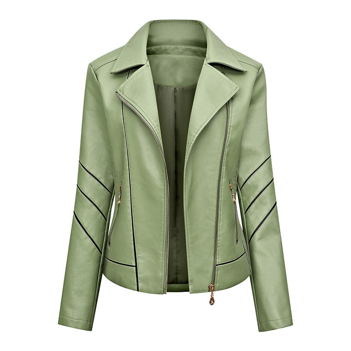Women's biker jacket made of faux leather with asymmetric decorative seams and tailored fit Mune Fashion