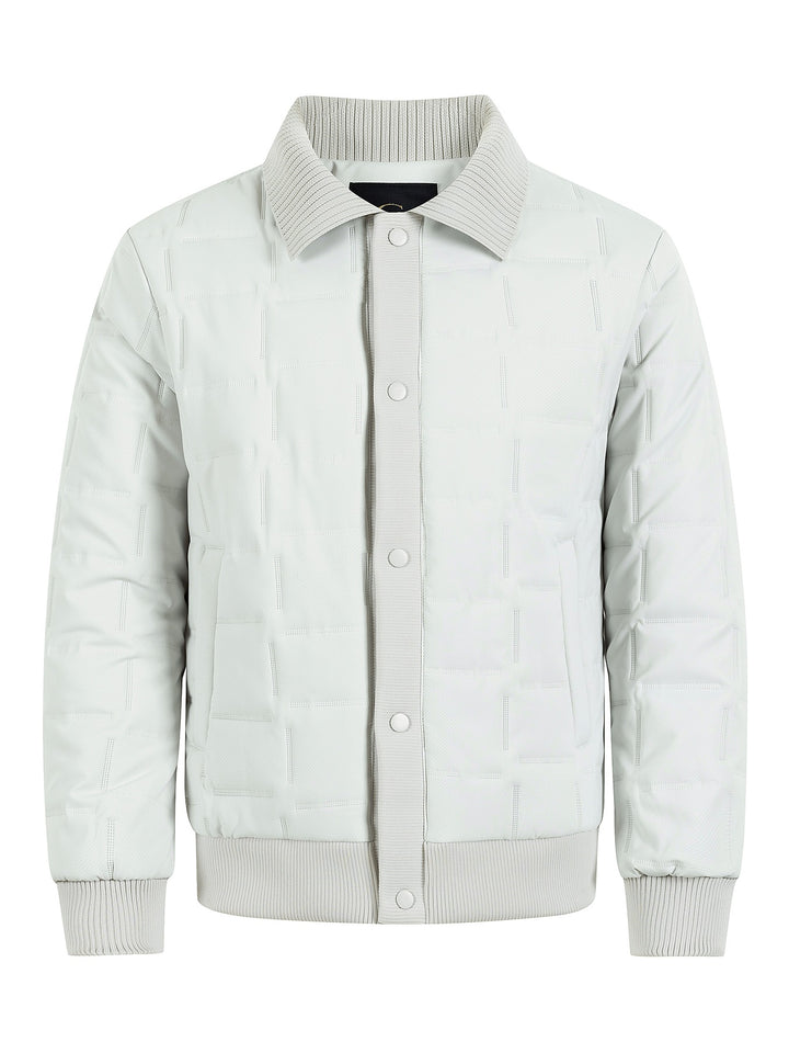 Men's short-cut quilted bomber jacket with ribbed collar, snap button placket, and geometric quilt Mune Fashion