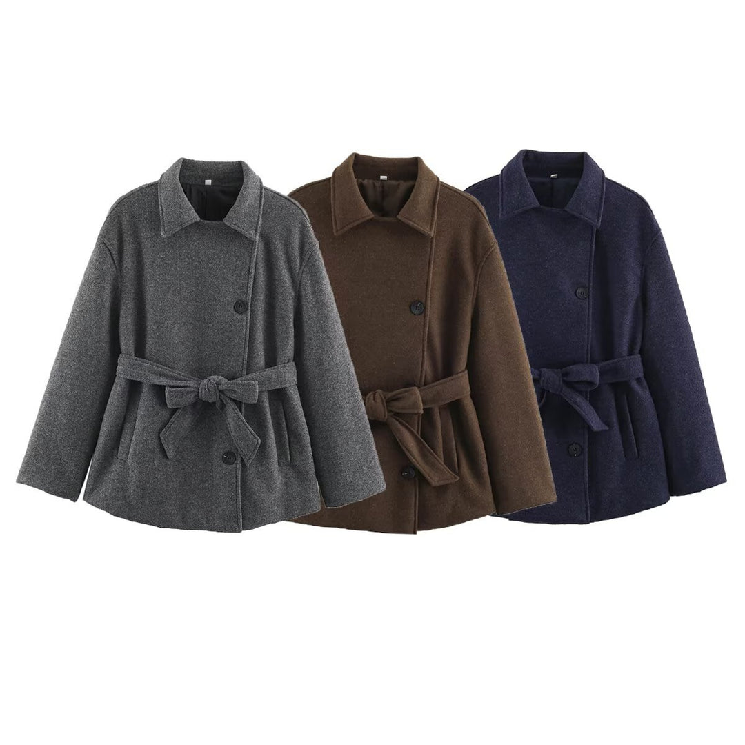 Women’s short wrap coat with belted waist and boxy silhouette Mune Fashion