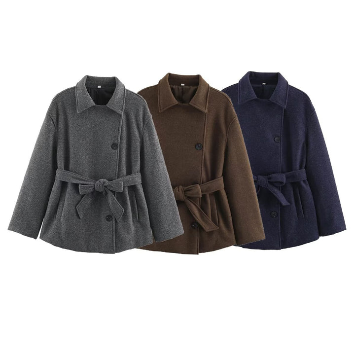 Women’s short wrap coat with belted waist and boxy silhouette Mune Fashion
