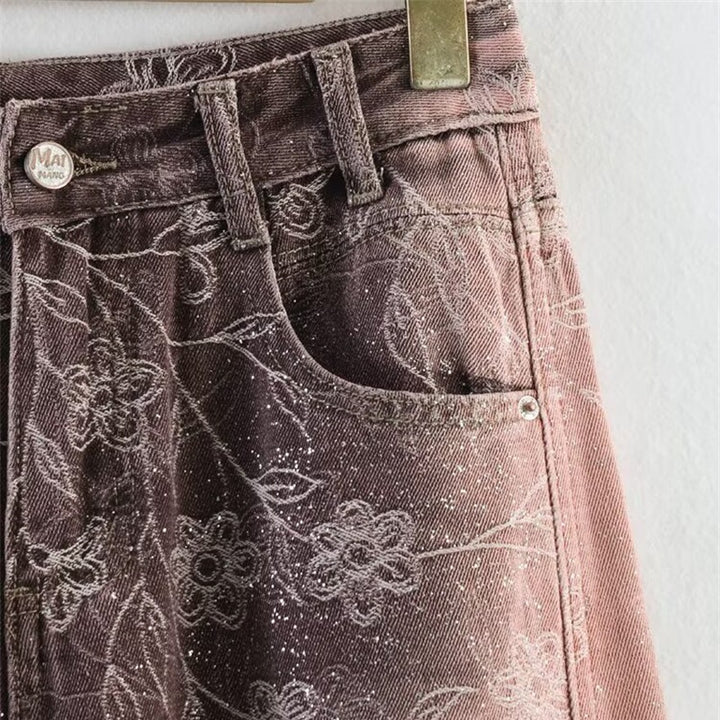 Women's High-Waist Jeans with Wide Leg, Floral Vintage Print and Five-Pocket Cut Mune Fashion